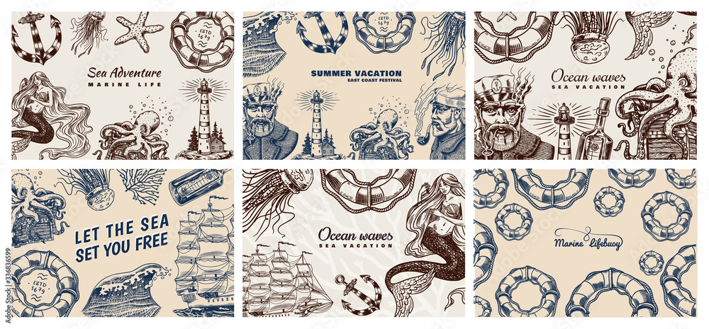 Sea Posters set. Nautical banners or backgrounds. Lighthouse, mermaid and marine captain, octopus and shipping sail, old sailor, ocean waves, seaman and lifebuoy. Hand drawn engraved old sketch.