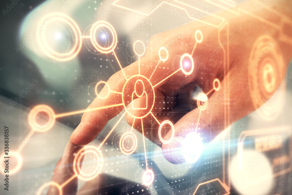 Double exposure of man's hands holding and using a phone and social network theme drawing. Double exposure of man's hands holding and using a phone and social network theme drawing.