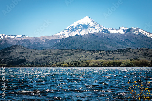 Huechulafquen Lake, Patagonia Argentina, trout Fly fishing tour, with Lanin Volcano in the Background