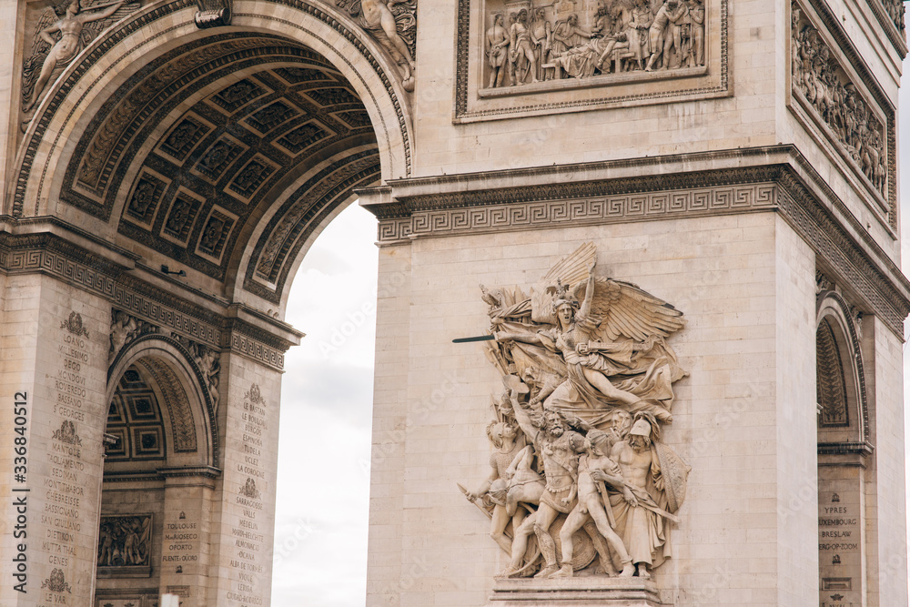 Architectural fragment of Arc de Triomphe. Arc de Triomphe de l'Etoile on Charles de Gaulle Place is one of the most famous monuments in Paris.