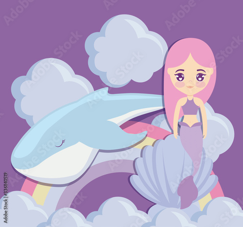 cute mermaid with whale and rainbow
