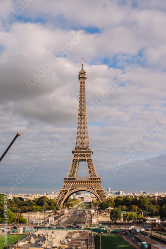 View of the Eiffel tower in Paris  France  on an autumn day.