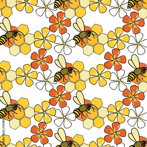 Bees and flowers and honeycomb seamless pattern Vector on orange background. Surface pattern tile design