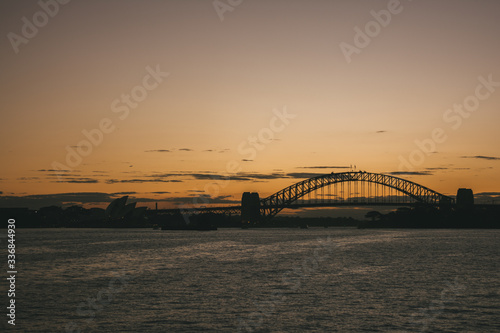 amazing landscape of Sydney Harbor Bridge at sunset and blue sky 