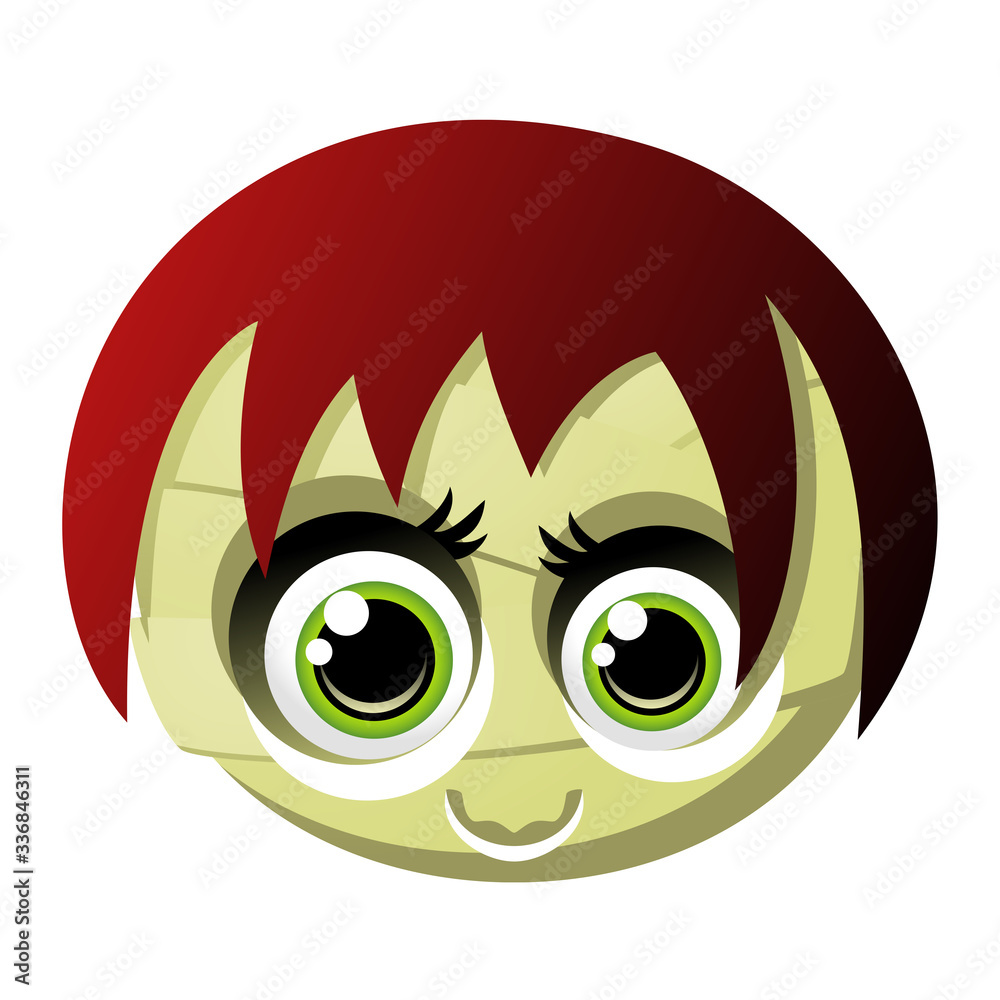 Vector drawing of a cute mummy emoticon with big green eyes, a smile and red hair. Can represent Halloween, horror movies, the Egyptian culture, spooky stories, a zombie or October.