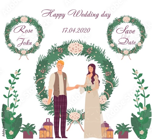 Happy wedding day, young family getting married, isolated on white, flat vector illustration. Lovely couple, male, female enter into marriage, celebration invitation card, banner, flyer.
