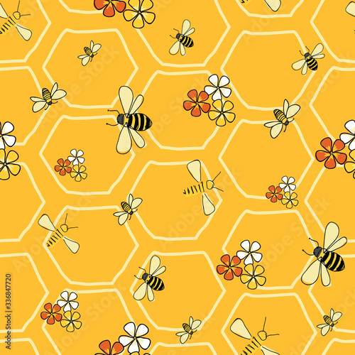 Bees and flowers seamless vector pattern on yellow honeycomb background surface pattern design