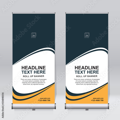 Roll up banner design template, vertical, abstract background, pull up design, modern x-banner, rectangle size. 