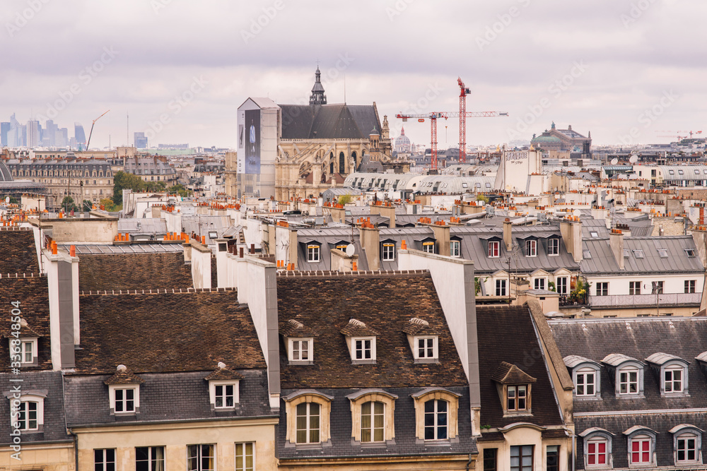 Paris, France. View of the city roofs from the observation gallery of the Georges Pompidou Center.