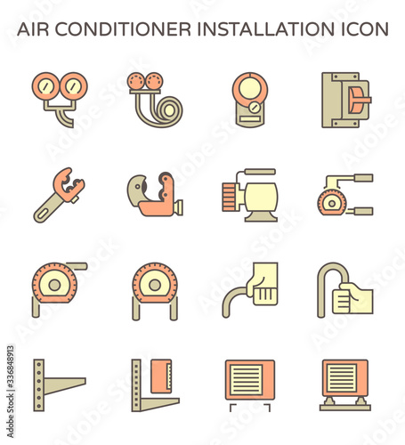 Air conditioner installation parts and tools vector icon set design, editable stroke.