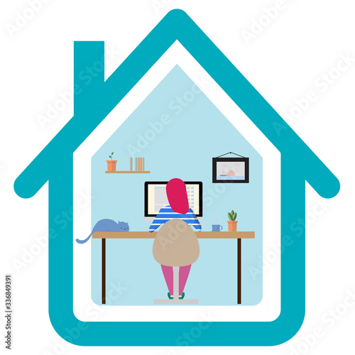 Women working at home on a computer at a desk in the living room. Girl sitting and typing on the computer. Vector illustration quarantine concept. Stay at home and self isolation concept