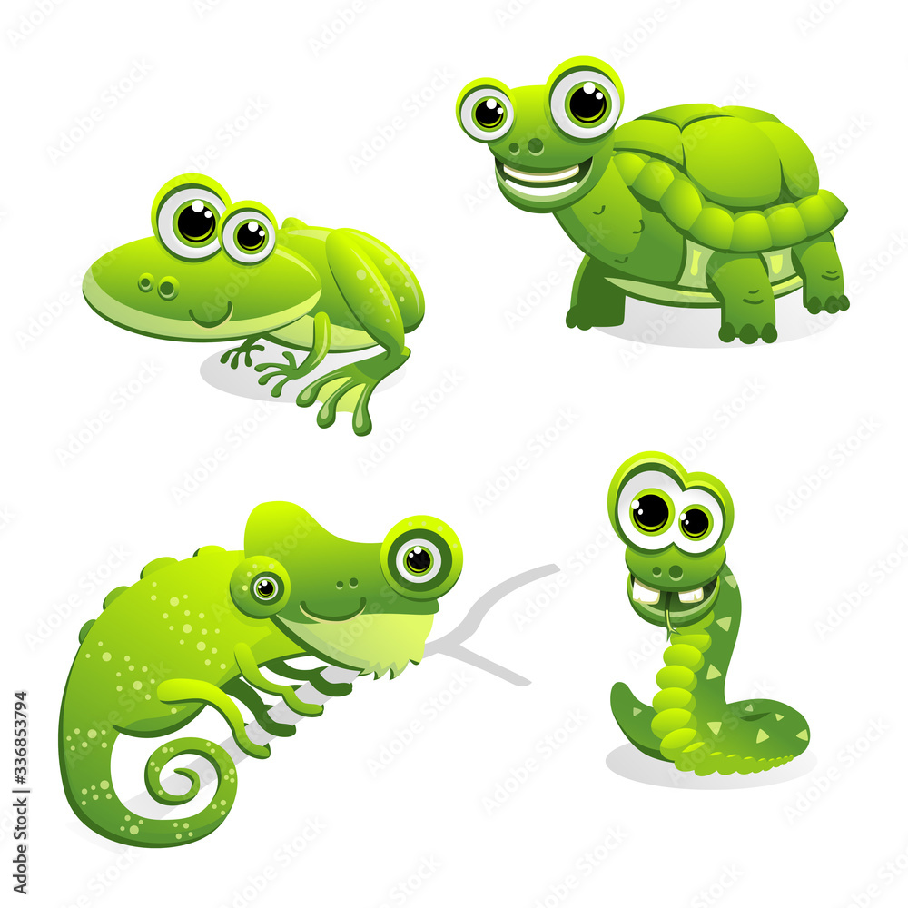 Set of 4 green cartoon critters: a smiling frog, a happy turtle, a funny chameleon and a goofy snake. Isolated on white. Set of 4 green cartoon critters: a smiling frog, a happy turtle, a funny chameleon and a goofy snake. Isolated on white.