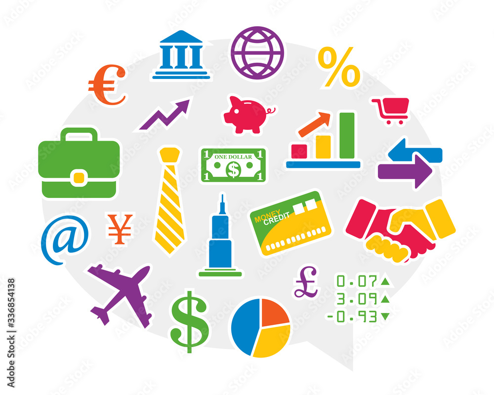 Vector set of flat colorful icons in a bubble: a euro sign, a piggy bank, a shopping cart, a handshake, a percentage sign, a British pound, a plane, a dollar sign, a necktie, a graphic chart, a yen.