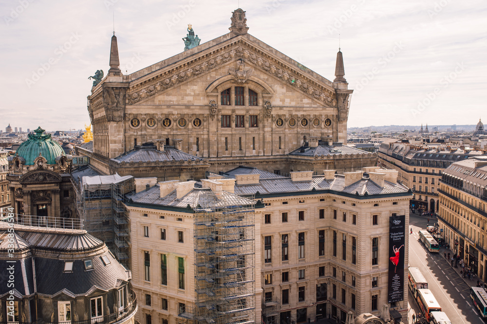 View of Paris and Opera or Palace Garnier from the top of the Lafayette Haussmann Gallery
