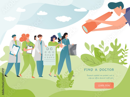 Find doctor banner vector illustration. Search doctor online service. Medicine and health care concept. Female doctor specialist with stethoscope, radiograph. Man with telescope cartoon character.