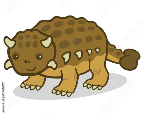 Cute and kid-friendly vector drawing of a smiling baby ankylosaurus isolated on white.