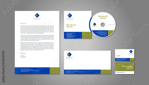Stationery set design with business card, envelope, letterhead, and CD cover.