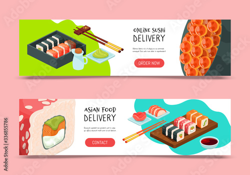 Sushi delivery vector illustration. Delivering online service banner design template. Restaurant delivers Japanese food. Asian seafood menu. Caviar, wasabi, chopsticks, fish roll with salmon and tuna.