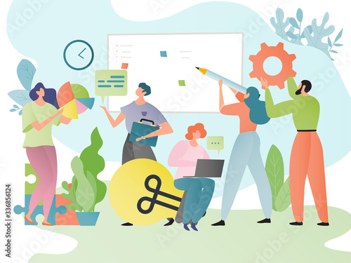 Teamwork business concept vector illustration. People cartoon characters work in team together. Teammates brainstorming. Man  woman with lightbulb  laptop  diagram  board with notes. Corporate union.