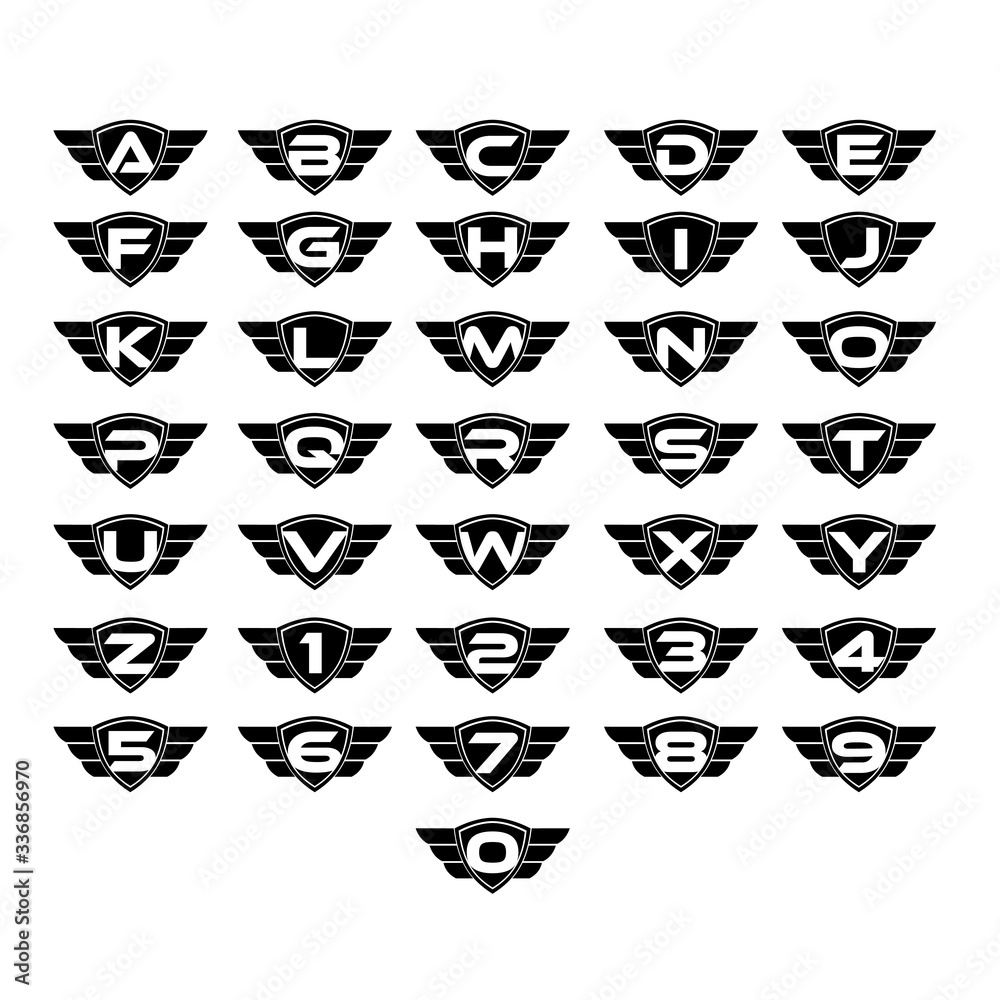 Set of Vector Shield with wing and initial letter concept icon logo design template. vector illustration eps 10 Set of Vector Shield with wing and initial letter concept icon logo design template. vector illustration eps 10