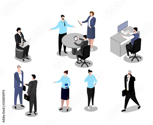 Isometric business people vector illustration. Cartoon 3d man woman employee character in office professional work poses, business persons meeting. Businessman corporate teamwork set isolated on white