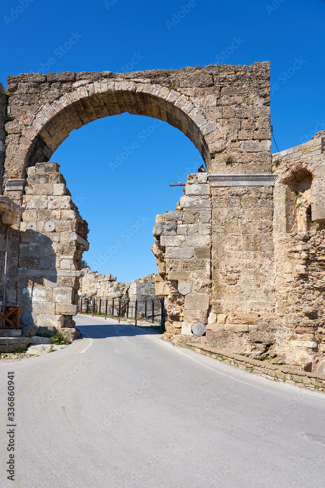 Gates and road into ancient city Side, Turkey.