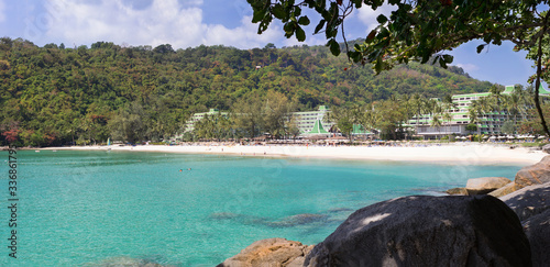 
Thailand Phuket. Hotel beach, sand, stones, tropics, heat, blue water, greens, rest