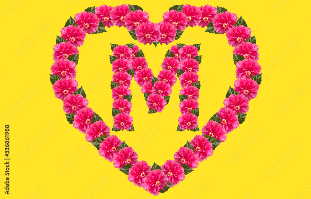 Alphabet M Design using Pink Hibiscus Flower and love shape on isolated Background. China Rose love shape letter.Double headed Pink Hibiscus font