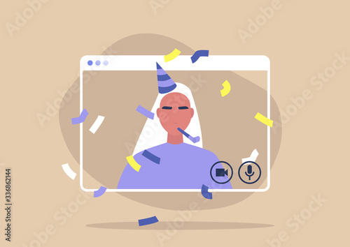Young female character celebrating their birthday online, self isolation party