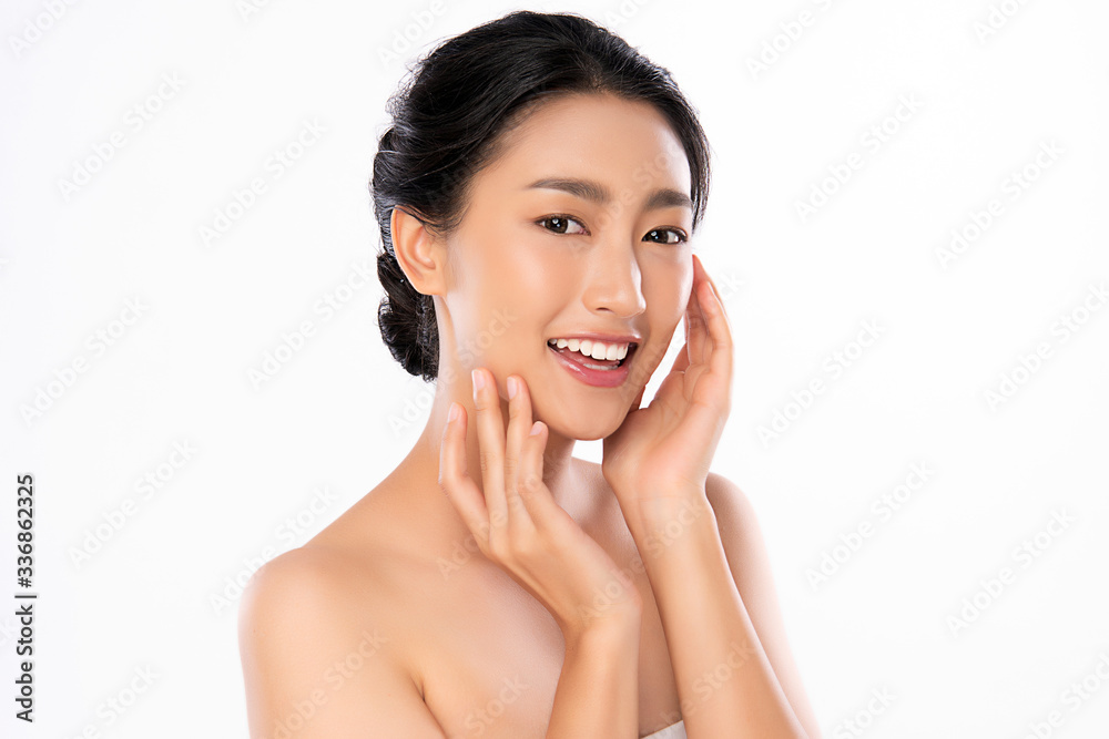 Beautiful Young Asian Woman with Clean Fresh Skin. Face care, Facial treatment, Cosmetology, beauty and healthy skin and cosmetic concept, woman beauty skin isolated on white background Beautiful Young Asian Woman with Clean Fresh Skin. Face care, Facial treatment, Cosmetology, beauty and healthy skin and cosmetic concept, woman beauty skin isolated on white background