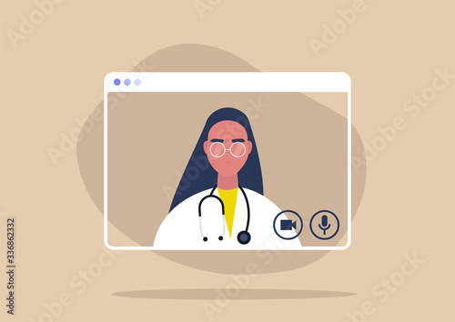 Online consultation with a female doctor, social distancing, coronavirus prevention