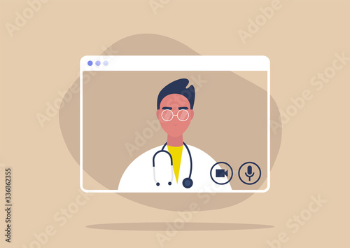 Online consultation with a male doctor, social distancing, coronavirus prevention