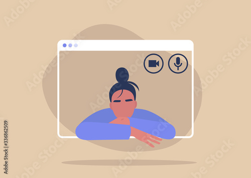 Young female character using a video call interface, remote online meeting, social distancing, working from home