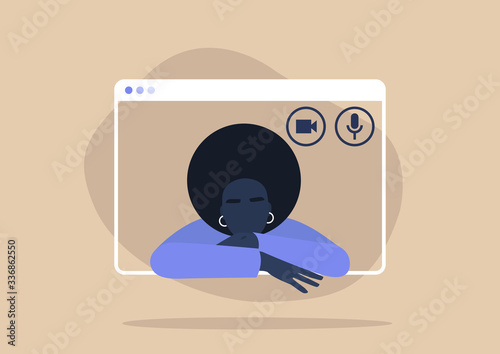 Young black female character using a video call interface, remote online meeting, social distancing, working from home