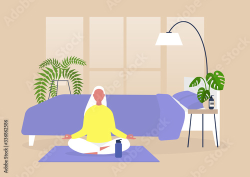 Young female character practising yoga and meditation at home, mindfulness, modern millenial lifestyle
