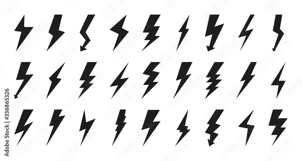 Black lightning bolt icon set. Empty silhouette design for logotype electricity. Glyph flash pictograms for sign charge or voltage, thunder and lightning strike. Isolated on white vector illustration Black lightning bolt icon set. Empty silhouette design for logotype electricity. Glyph flash pictograms for sign charge or voltage, thunder and lightning strike. Isolated on white vector illustration