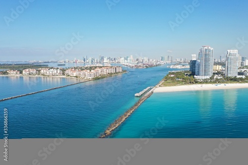 Government Cut, South Beach and Fisher Island on clear sunny morning with City of Miami skyline in background. © Francisco