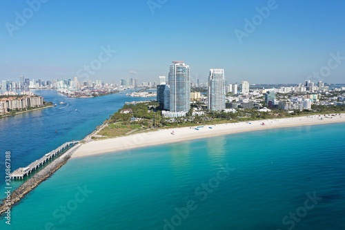 Aerial view of South Beach in Miami Beach  Florida devoid of people under coronavirus pandemic beach and park closure.