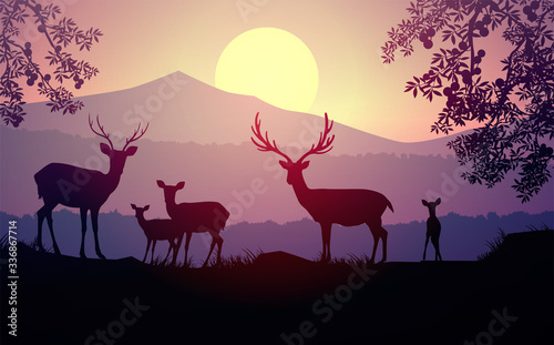 Herd of deer in the natural forest. Wild animals. Mountains horizon hills silhouettes of trees. Evening Sunrise and sunset. Landscape wallpaper. Illustration vector style. Colorful view background.  photo