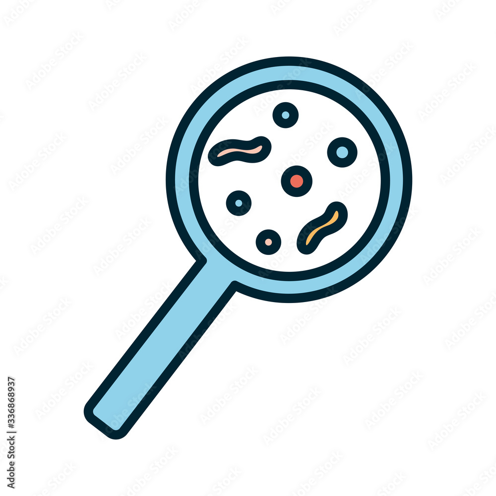 Isolated virus inside lupe line and fill style icon vector design Isolated virus inside lupe line and fill style icon vector design