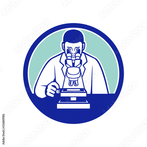 Mascot icon illustration of a medical doctor, scientist or researcher conducting research for a cure looking through microscope viewed from front set in circle on isolated background in retro style.