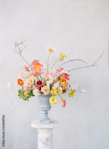 Spring Inspired Floral Arrangement of tulips, roses, poppies and sweet peas