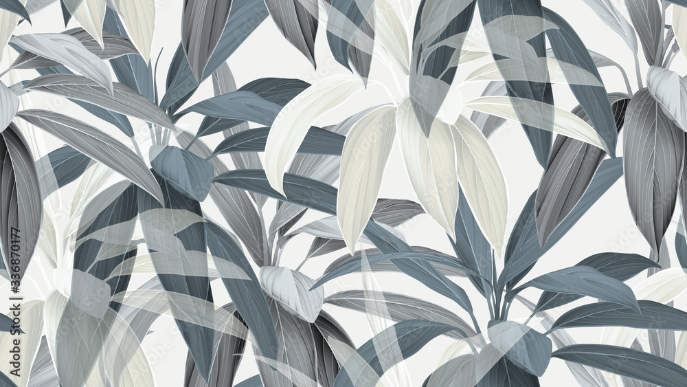 Fototapeta Foliage seamless pattern, blue Cordyline fruticosa Firebrand plant on bright grey