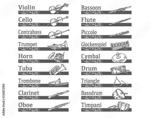 オーケストラの楽器を使ったラベル、バナー素材