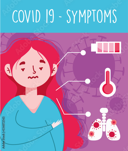 covid 19 coronavirus infographic, character with symptoms cold fever and cough