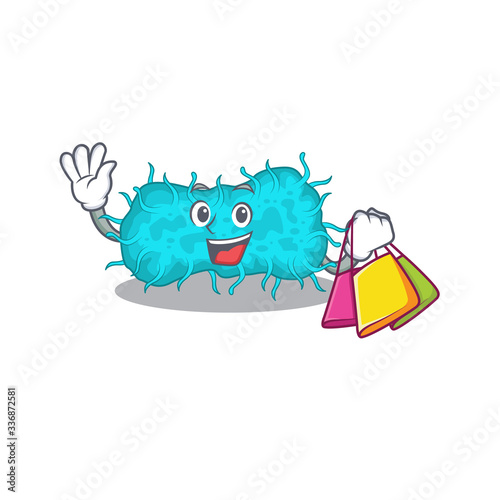 Rich and famous bacteria prokaryote cartoon character holding shopping bags