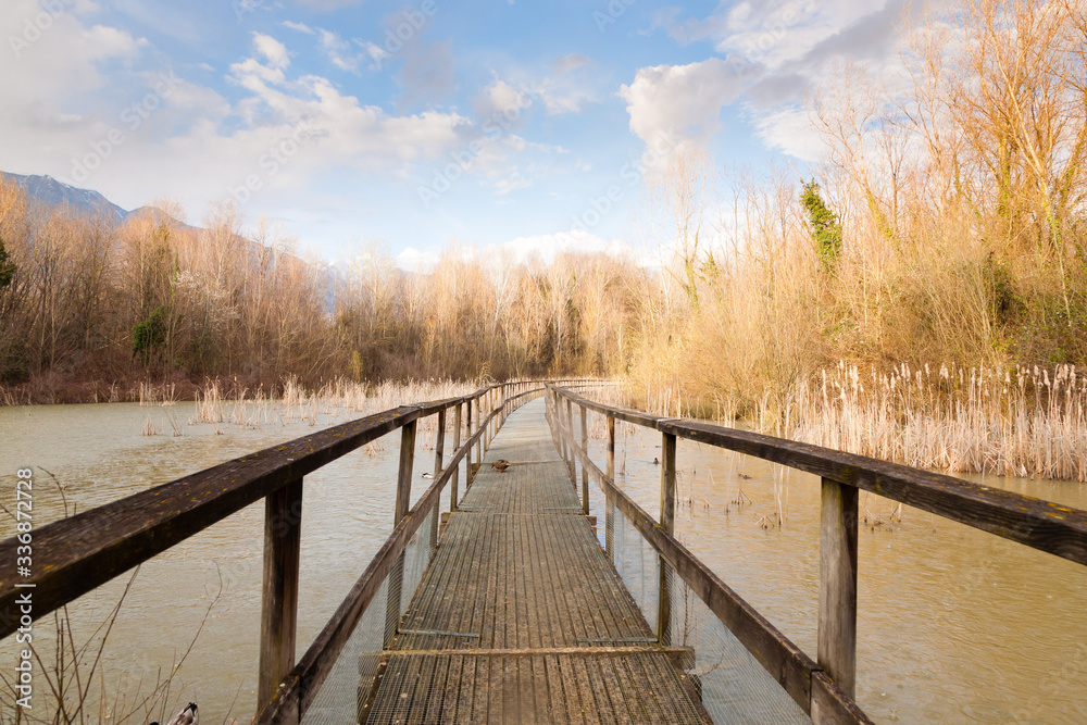 Old wood footbridge on lagoon, rural landscape