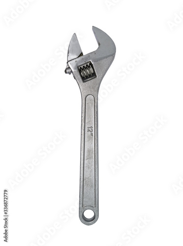 Single adjustable wrench isolated on white background without shadow. Closeup a new 12-inch monkey wrench