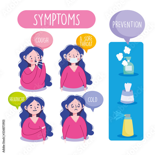 covid 19 coronavirus infographic, symptoms and prevention, fever cough cold, hygiene cleaning