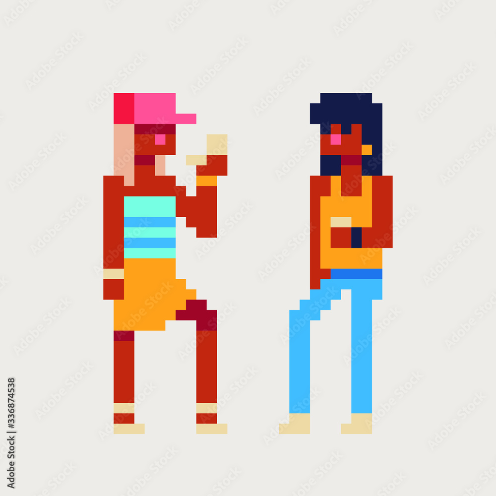 Two friends, girls drink coffee, pixel art vector illustration, design for logo, sticker, mobile app. Game assets 8-bit sprite.
